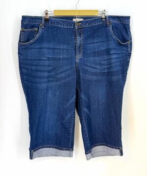 Woman Within Womens Plus Sz 26W Blue Denim capris Cuffed hem High Rise 5 Pocket